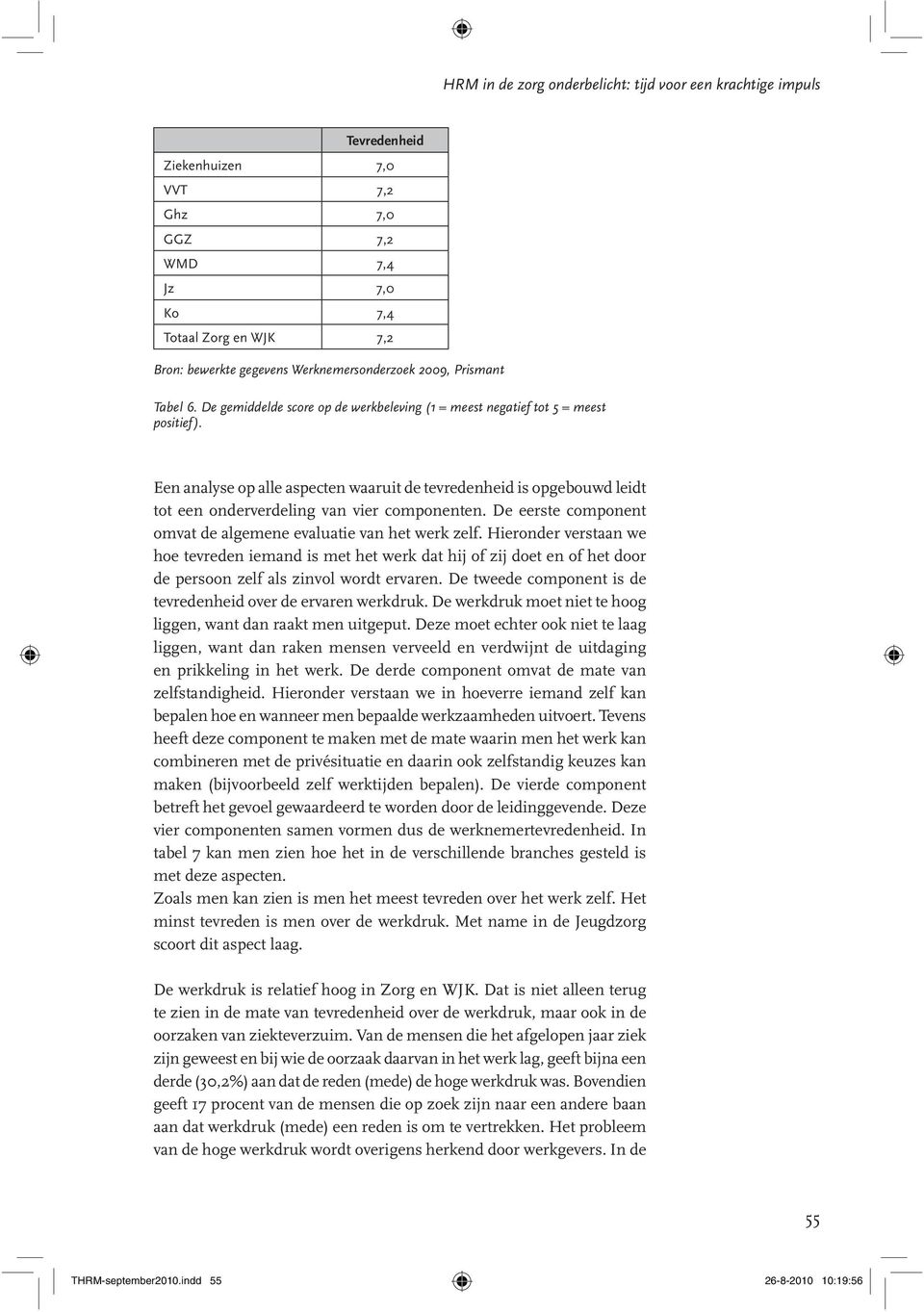 Een analyse op alle aspecten waaruit de tevredenheid is opgebouwd leidt tot een onderverdeling van vier componenten. De eerste component omvat de algemene evaluatie van het werk zelf.