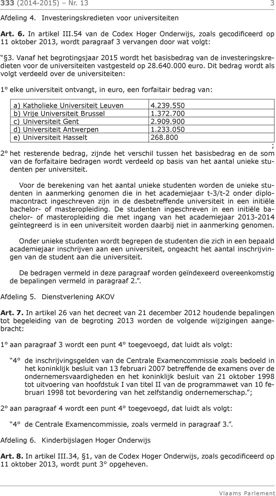 Vanaf het begrotingsjaar 2015 wordt het basisbedrag van de investeringskredieten voor de universiteiten vastgesteld op 28.640.000 euro.