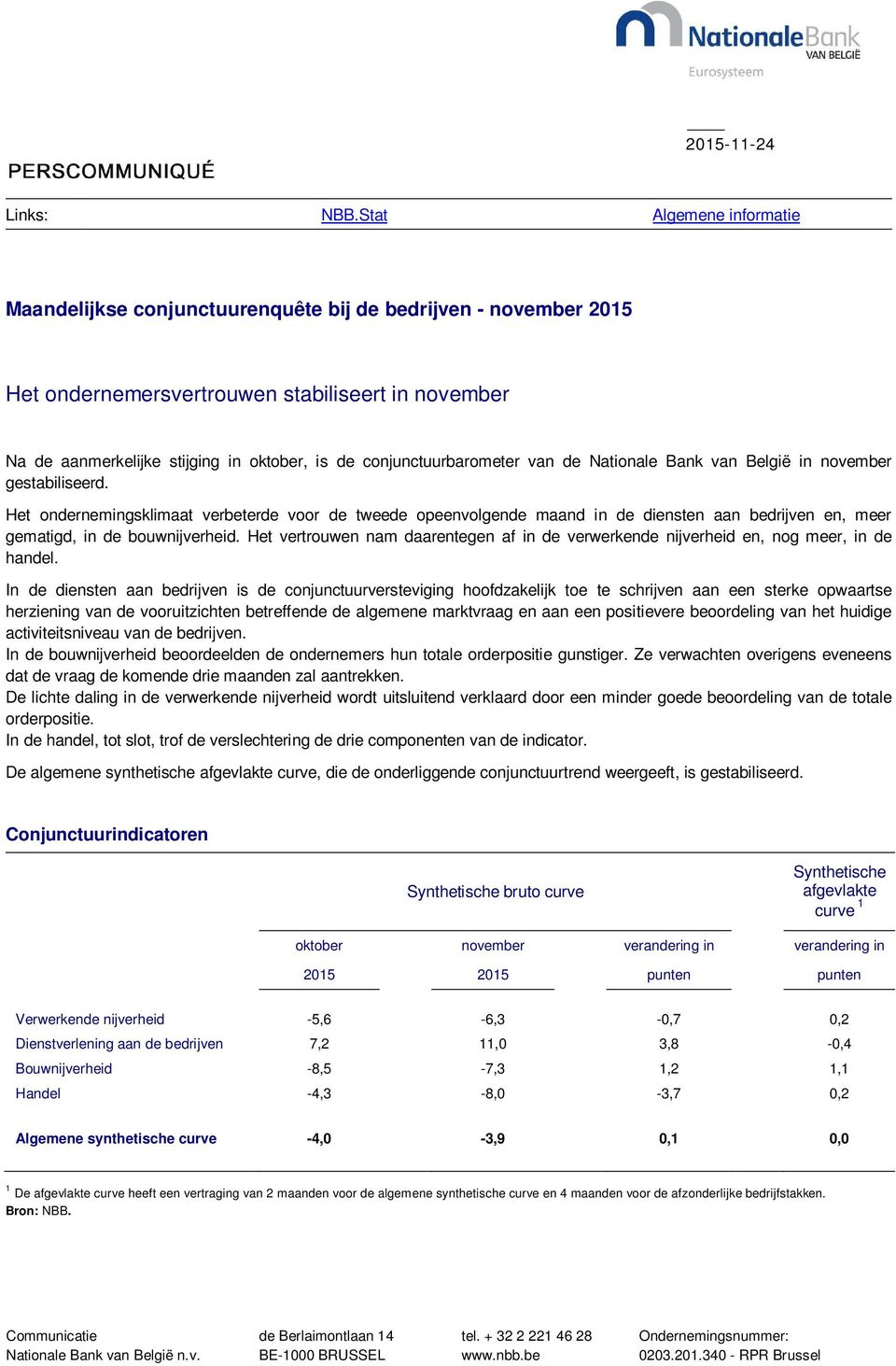 conjunctuurbarometer van de Nationale Bank van België in november gestabiliseerd.