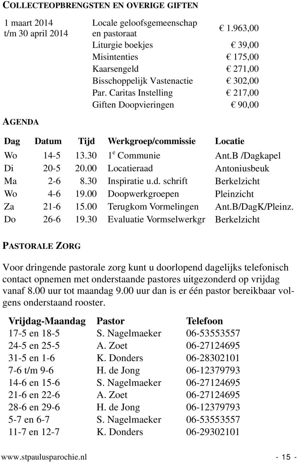 Caritas Instelling 217,00 Giften Doopvieringen 90,00 AGENDA Dag Datum Tijd Werkgroep/commissie Locatie Wo 14-5 13.30 1 e Communie Ant.B /Dagkapel Di 20-5 20.00 Locatieraad Antoniusbeuk Ma 2-6 8.