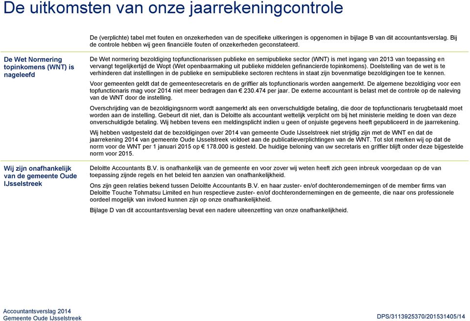 De Wet Normering topinkomens (WNT) is nageleefd Wij zijn onafhankelijk van de gemeente Oude IJsselstreek De Wet normering bezoldiging topfunctionarissen publieke en semipublieke sector (WNT) is met