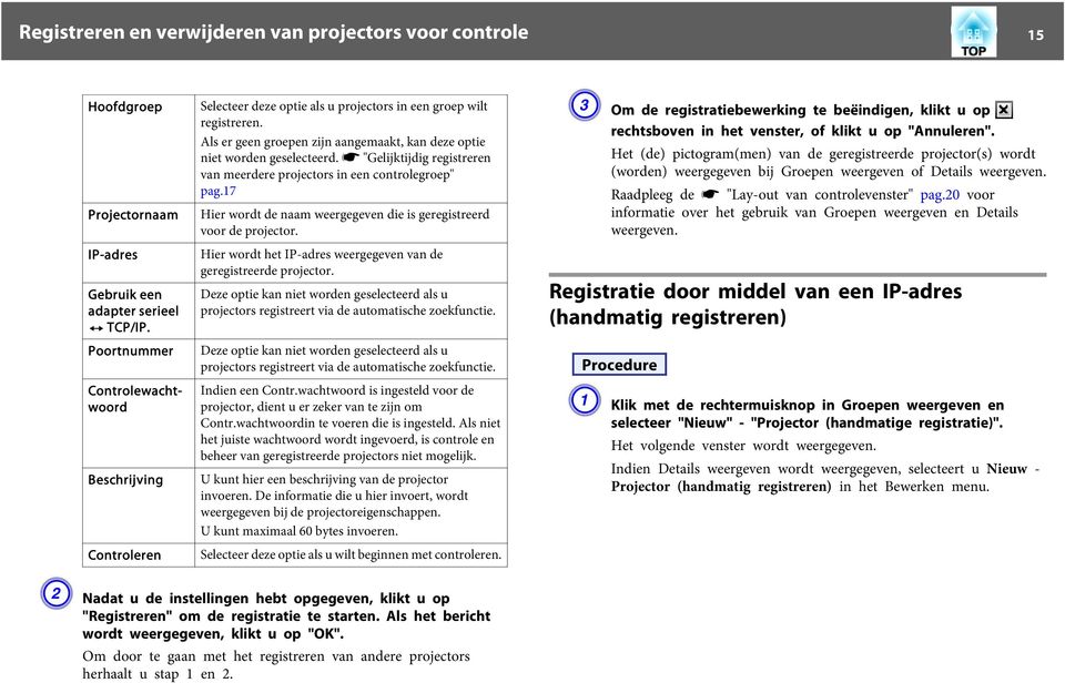 Als er geen groepen zijn aangemaakt, kan deze optie niet worden geselecteerd. s "Gelijktijdig registreren van meerdere projectors in een controlegroep" pag.