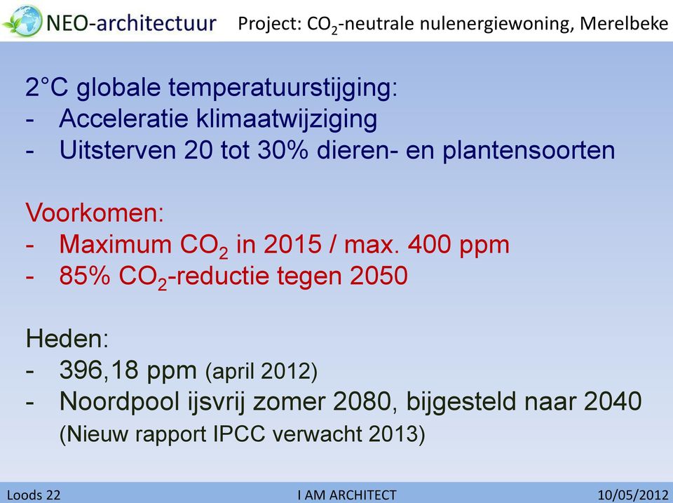 400 ppm - 85% CO 2 -reductie tegen 2050 Heden: - 396,18 ppm (april 2012) -