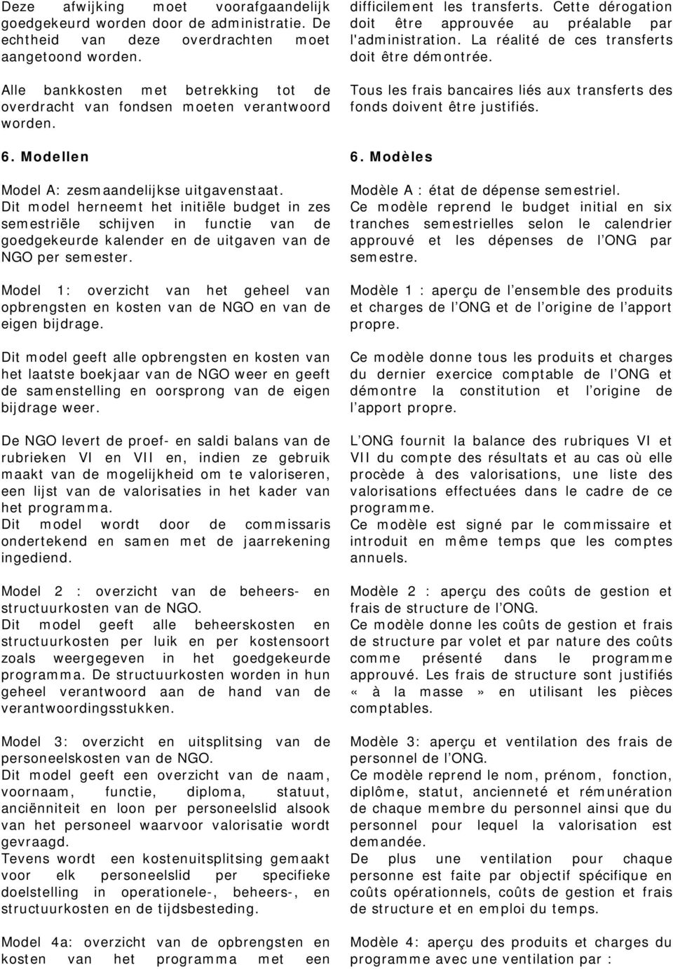 La réalité de ces transferts doit être démontrée. Tous les frais bancaires liés aux transferts des fonds doivent être justifiés. 6. Modellen 6. Modèles Model A: zesmaandelijkse uitgavenstaat.