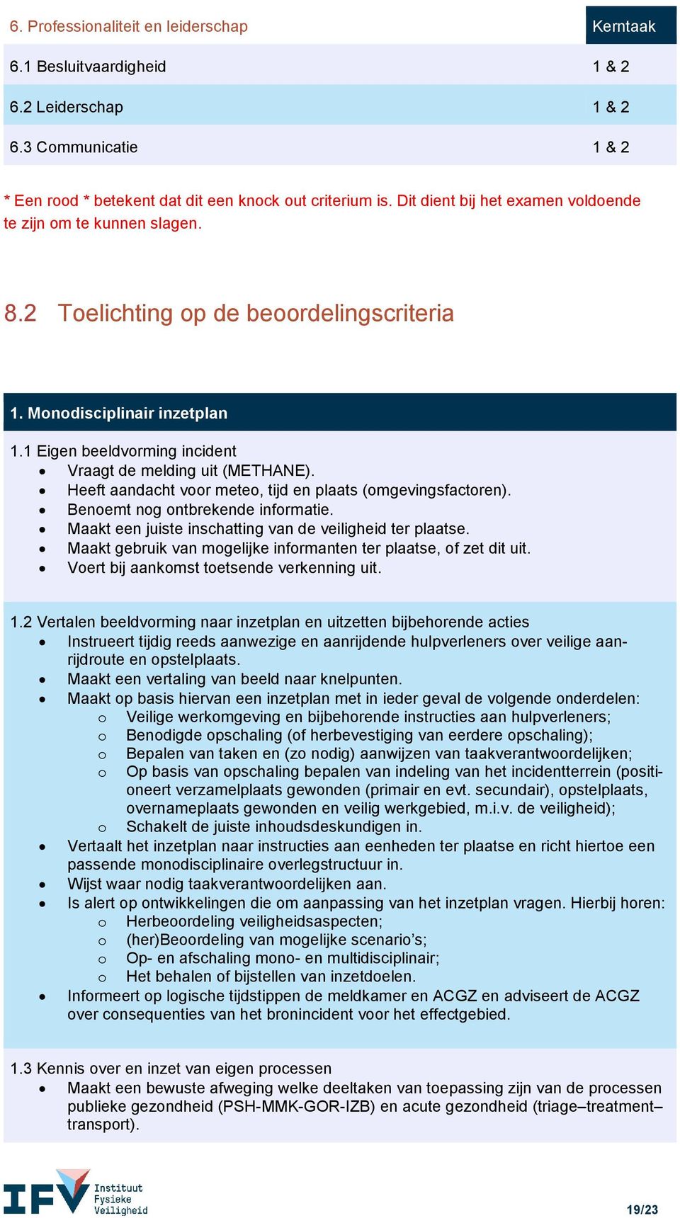 Heeft aandacht voor meteo, tijd en plaats (omgevingsfactoren). Benoemt nog ontbrekende informatie. Maakt een juiste inschatting van de veiligheid ter plaatse.