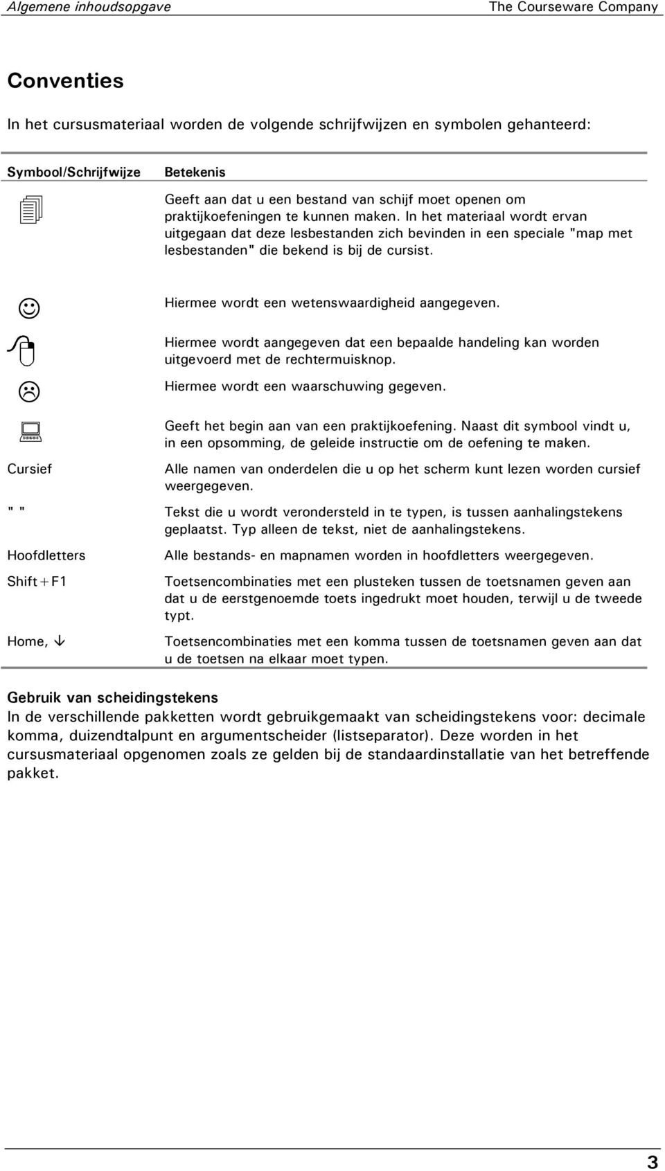 In het materiaal wordt ervan uitgegaan dat deze lesbestanden zich bevinden in een speciale "map met lesbestanden" die bekend is bij de cursist. Cursief Hiermee wordt een wetenswaardigheid aangegeven.