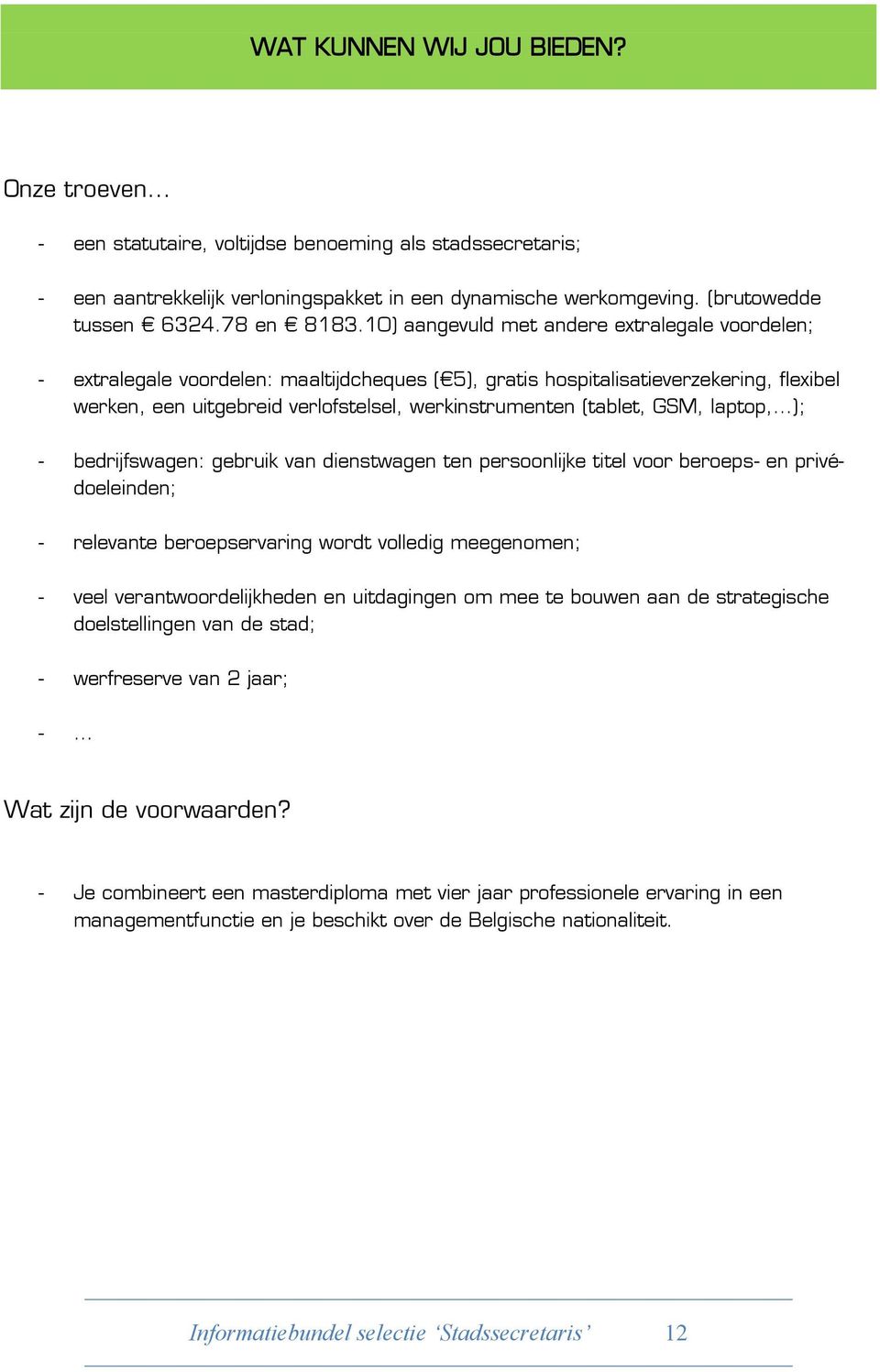 10) aangevuld met andere extralegale voordelen; - extralegale voordelen: maaltijdcheques ( 5), gratis hospitalisatieverzekering, flexibel werken, een uitgebreid verlofstelsel, werkinstrumenten