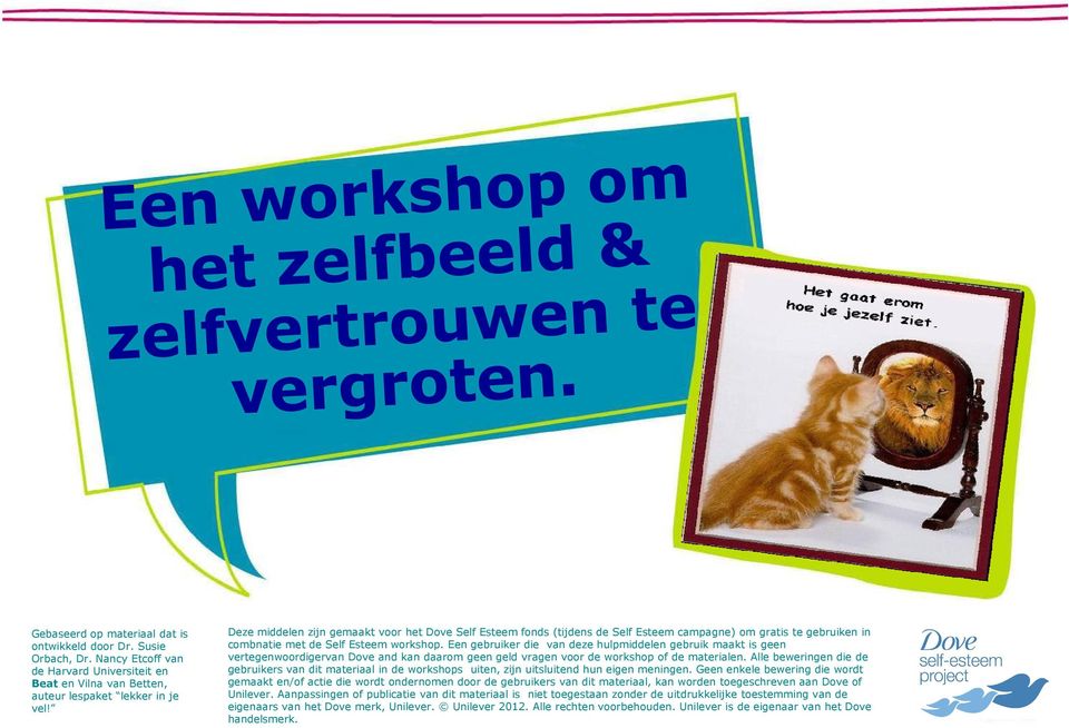 Een gebruiker die van deze hulpmiddelen gebruik maakt is geen vertegenwoordigervan Dove and kan daarom geen geld vragen voor de workshop of de materialen.