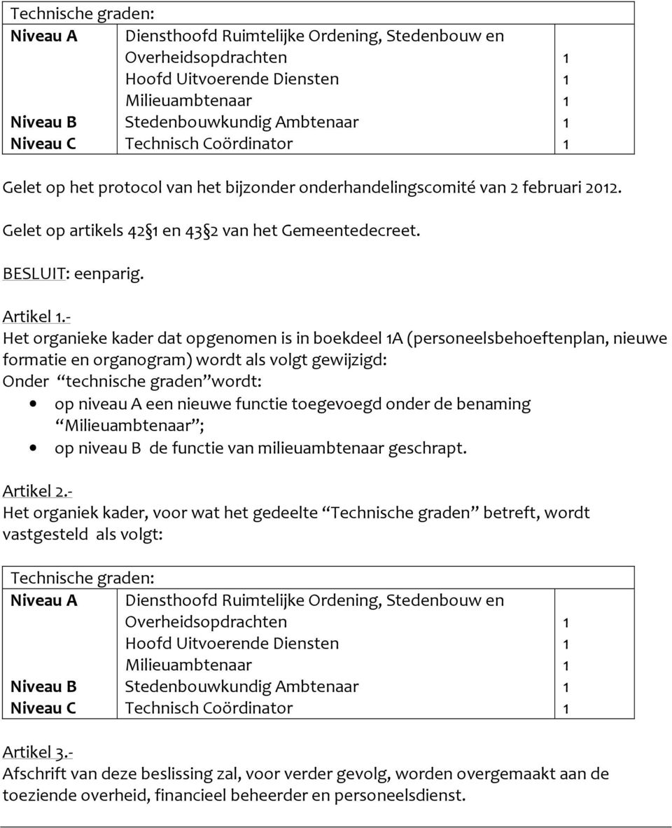 - Het organieke kader dat opgenomen is in boekdeel A (personeelsbehoeftenplan, nieuwe formatie en organogram) wordt als volgt gewijzigd: Onder technische graden wordt: op niveau A een nieuwe functie