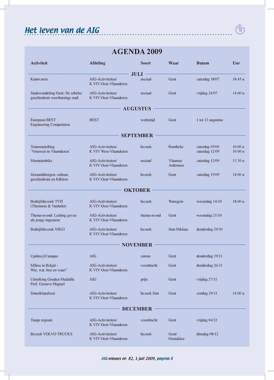 00 u geschiedenis weerbarstige stad AUGUSTUS European BEST BEST wedstrijd Gent 1 tot 12 augustus Engineering Competition SEPTEMBER Tentoonstelling AIG-Activiteiten/ bezoek Rumbeke zaterdag 05/09 10.