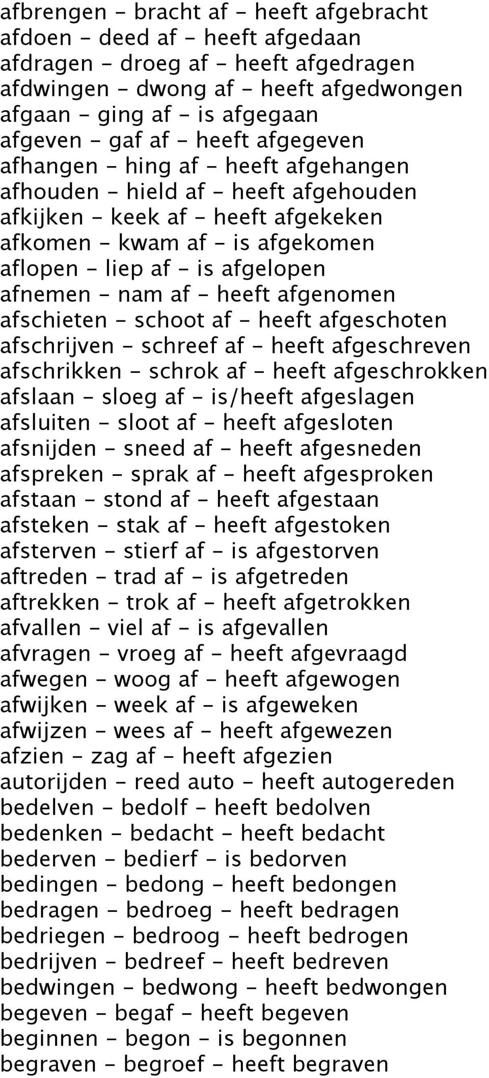 afgelopen afnemen - nam af - heeft afgenomen afschieten - schoot af - heeft afgeschoten afschrijven - schreef af - heeft afgeschreven afschrikken - schrok af - heeft afgeschrokken afslaan - sloeg af