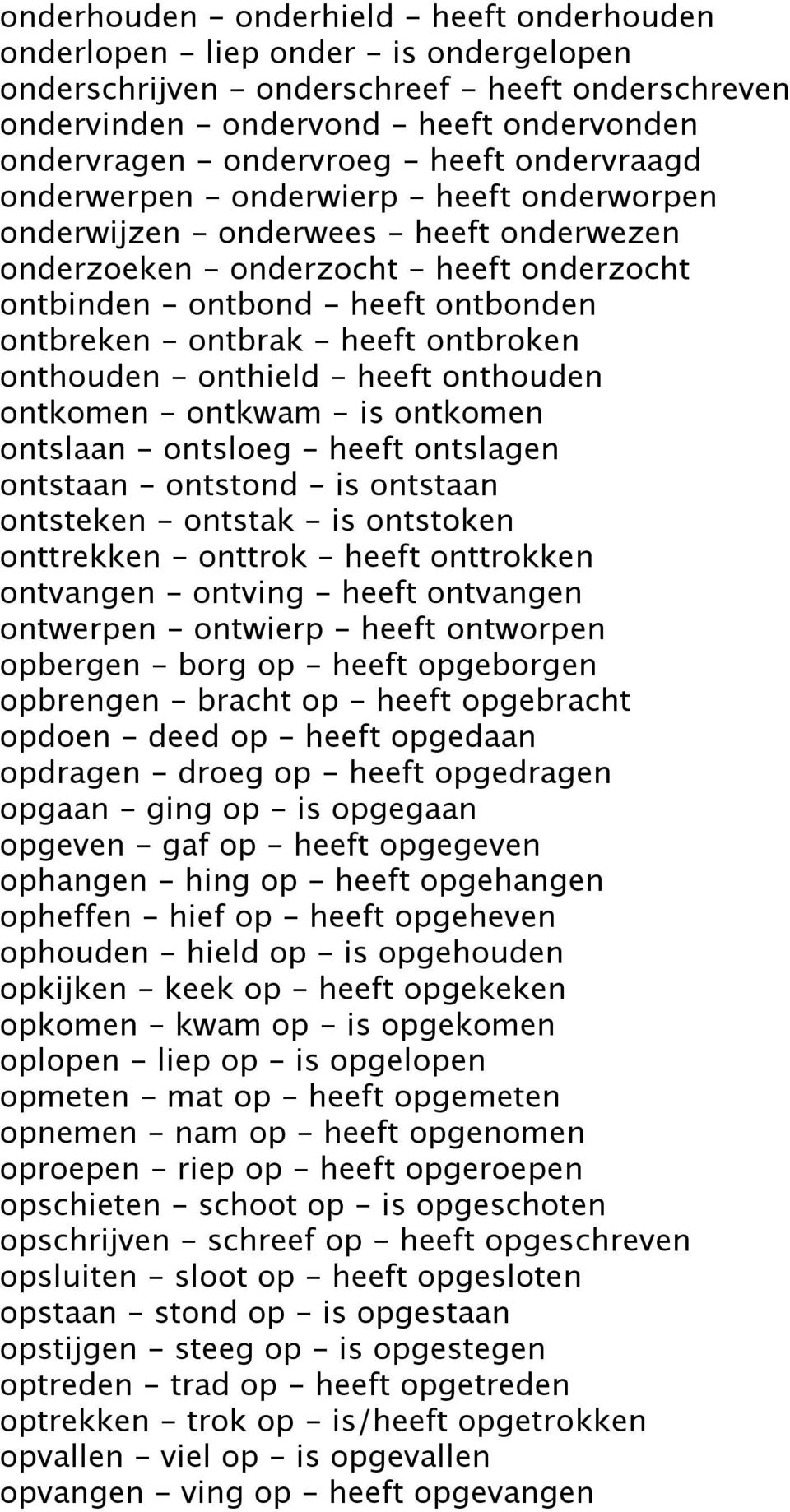 ontbonden ontbreken - ontbrak - heeft ontbroken onthouden - onthield - heeft onthouden ontkomen - ontkwam - is ontkomen ontslaan - ontsloeg - heeft ontslagen ontstaan - ontstond - is ontstaan