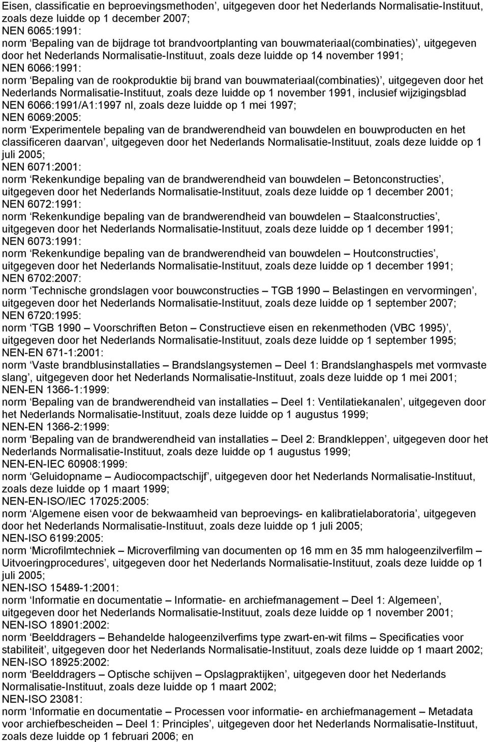 brand van bouwmateriaal(combinaties), uitgegeven door het Nederlands Normalisatie-Instituut, zoals deze luidde op 1 november 1991, inclusief wijzigingsblad NEN 6066:1991/A1:1997 nl, zoals deze luidde