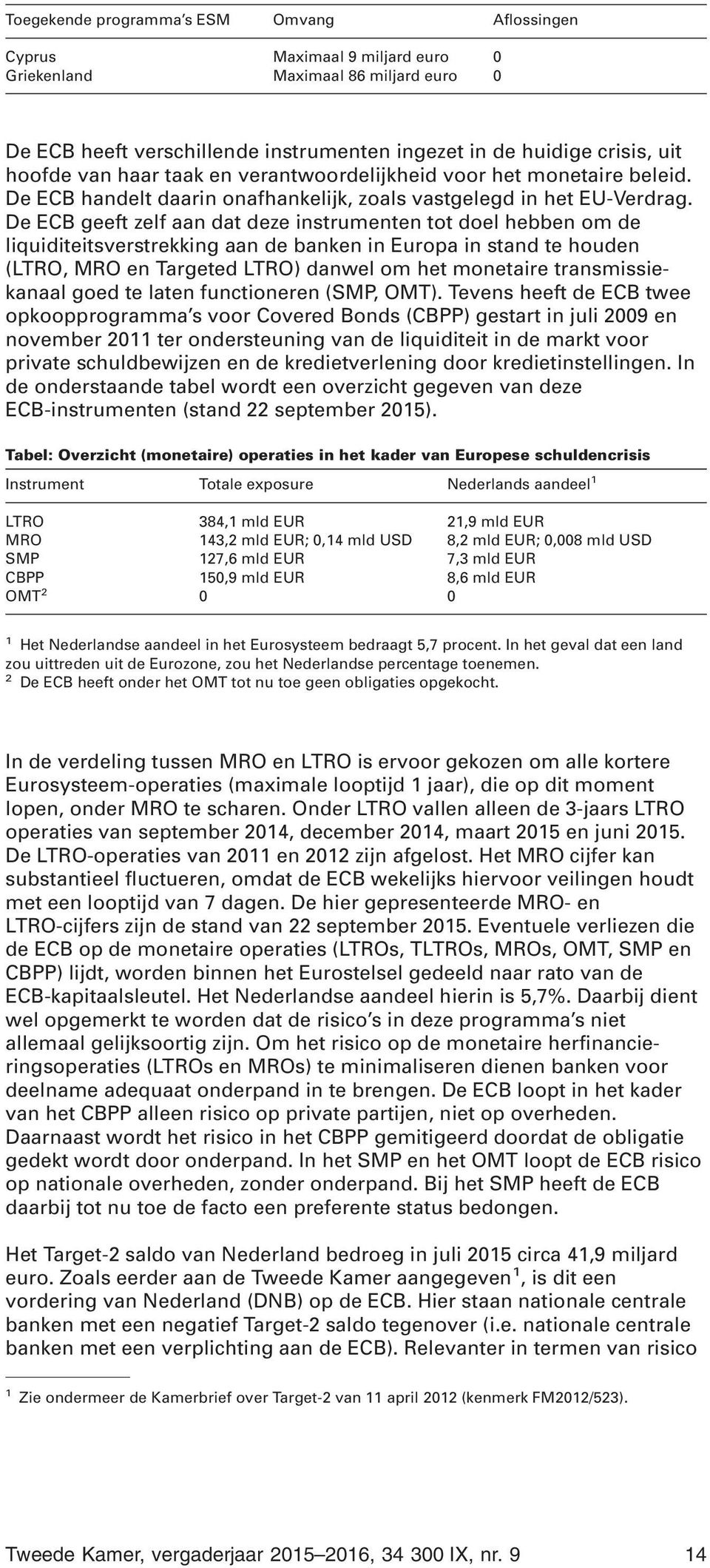 De ECB geeft zelf aan dat deze instrumenten tot doel hebben om de liquiditeitsverstrekking aan de banken in Europa in stand te houden (LTRO, MRO en Targeted LTRO) danwel om het monetaire