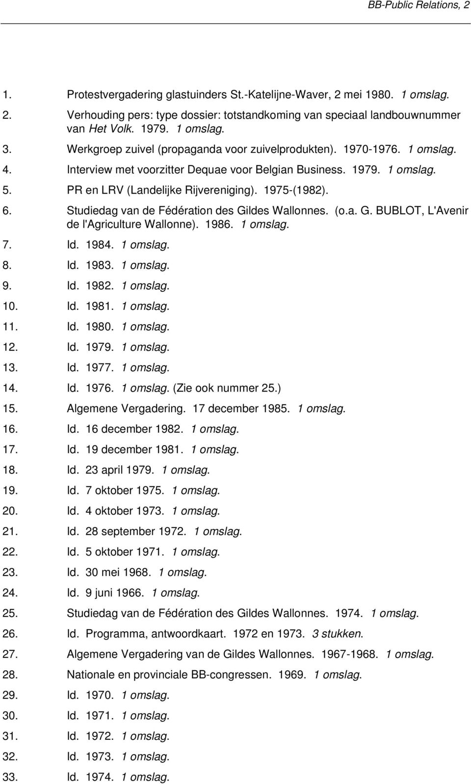 Studiedag van de Fédération des Gildes Wallonnes. (o.a. G. BUBLOT, L'Avenir de l'agriculture Wallonne). 1986. 7. Id. 1984. 8. Id. 1983. 9. Id. 1982. 10. Id. 1981. 11. Id. 1980. 12. Id. 1979. 13. Id. 1977.