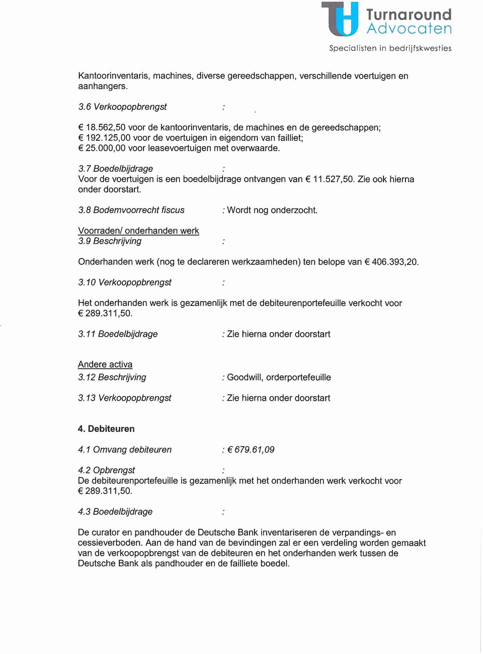 Zie ook hierna onder doorstart. 3.8 Bodemvoorrecht fiscus : Wordt nog onderzocht. Voorraden/ onderhanden werk 3.9 Beschrijving Onderhanden werk (nog te declareren werkzaamheden) ten belope van 406.