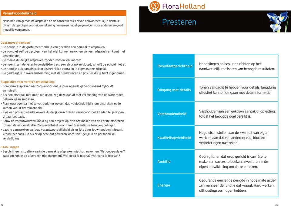 Presteren Je houdt je in de grote meerderheid van gevallen aan gemaakte afspraken. Je voorziet zelf de gevolgen van het niet kunnen nakomen van een afspraak en komt met een voorstel.