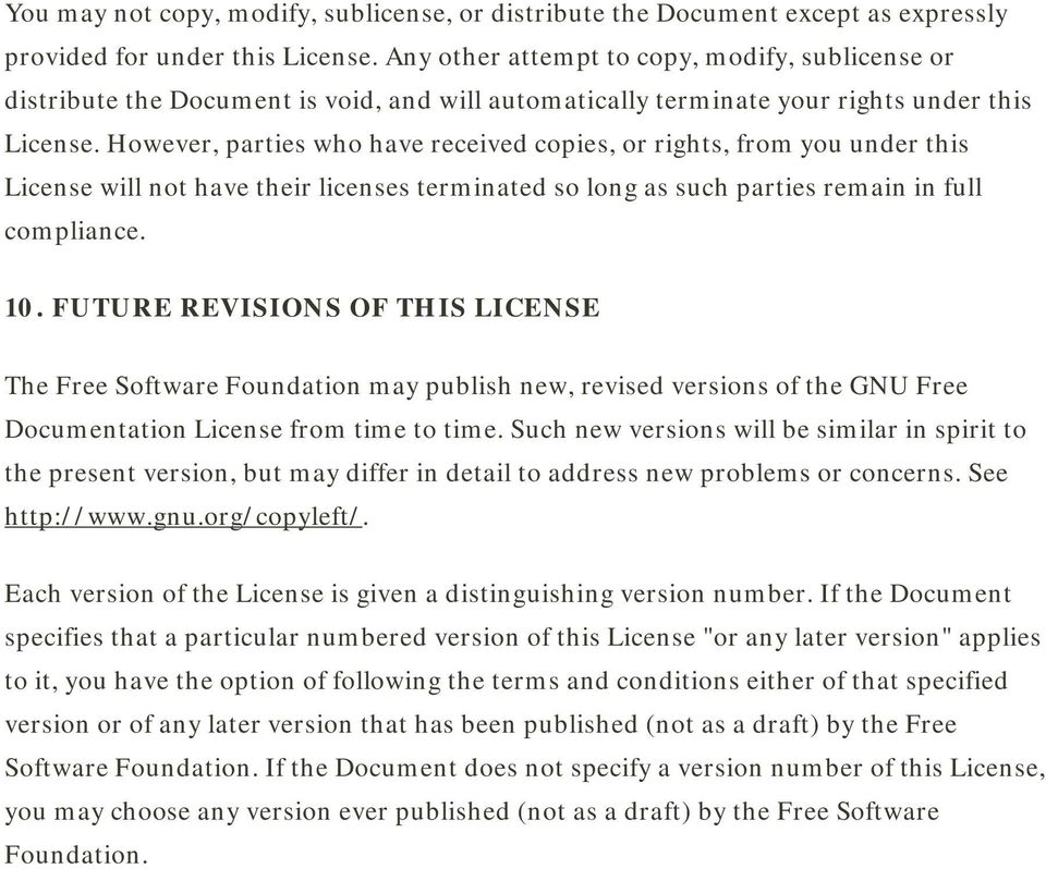 However, parties who have received copies, or rights, from you under this License will not have their licenses terminated so long as such parties remain in full compliance. 10.
