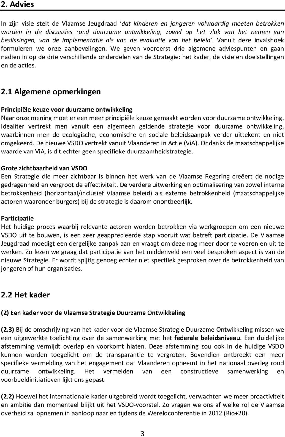 We geven vooreerst drie algemene adviespunten en gaan nadien in op de drie verschillende onderdelen van de Strategie: het kader, de visie en doelstellingen en de acties. 2.