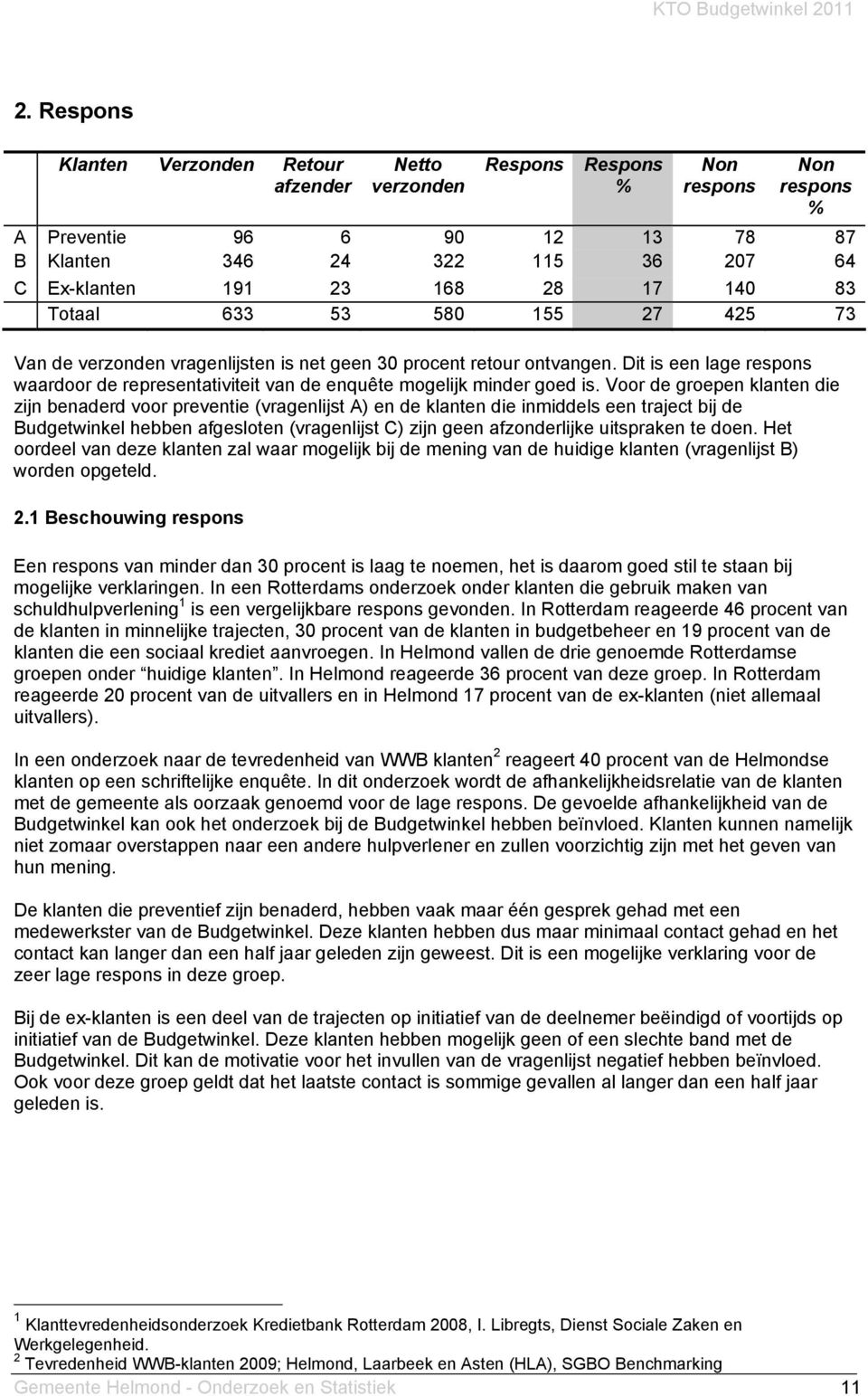 Dit is een lage respons waardoor de representativiteit van de enquête mogelijk minder goed is.