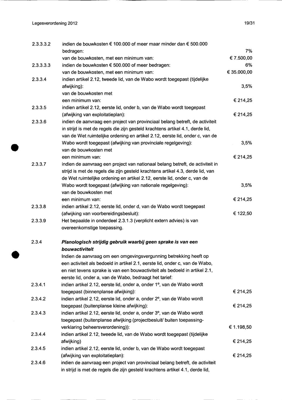 12, tweede lid, van de Wabo wordt toegepast (tijdelijke afwijking): 3,5% van de bouwkosten met een minimum van: 214,25 2.3.3.5 indien artikel 2.