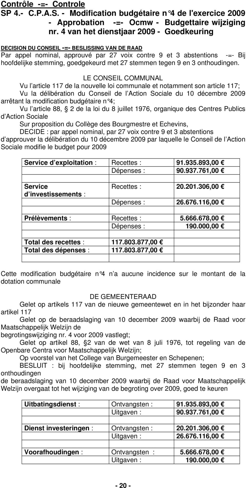 Vu l article 117 de la nouvelle loi communale et notamment son article 117; Vu la délibération du Conseil de l Action Sociale du 10 décembre 2009 arrêtant la modification budgétaire n 4; Vu l article