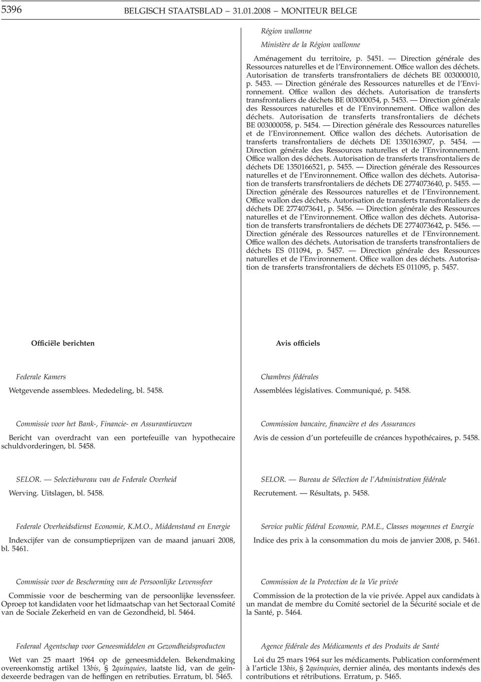 Direction générale des Ressources naturelles et de l Environnement. Office wallon des déchets. Autorisation de transferts transfrontaliers de déchets BE 003000054, p. 5453.