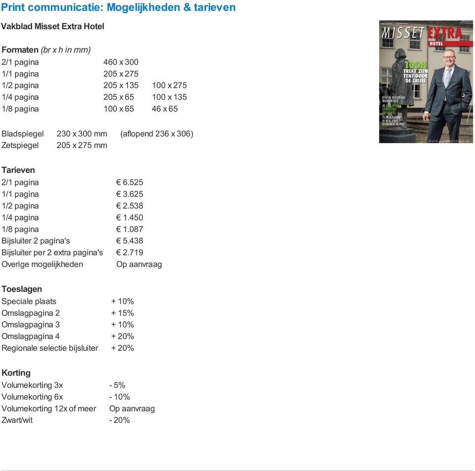 538 1/4 pagina 1.450 1/8 pagina 1.087 Bijsluiter 2 pagina's 5.438 Bijsluiter per 2 extra pagina's 2.
