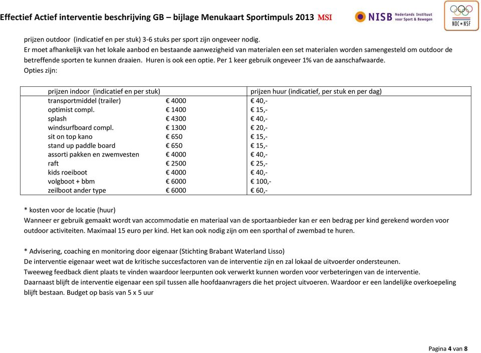 Per 1 keer gebruik ongeveer 1% van de aanschafwaarde. Opties zijn: prijzen indoor (indicatief en per stuk) transportmiddel (trailer) 4000 optimist compl. 1400 splash 4300 windsurfboard compl.