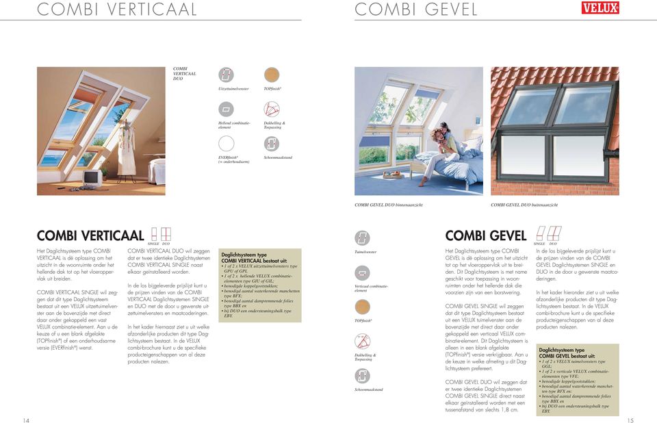 COMBI VERTICAAL SINGLE wil zeggen dat dit type Daglichtsysteem bestaat uit een VELUX uitzettuimelvenster aan de bovenzijde met direct daar onder gekoppeld een vast VELUX combinatie-element.