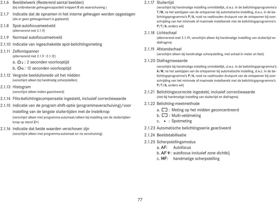 : 2 seconden voorlooptijd b. : 12 seconden voorlooptijd 2.1.12 Vergrote beelduitsnede uit het midden (verschijnt alleen bij handmatig scherpstellen) 2.1.13 Histogram (verschijnt alleen indien geactiveerd) 2.