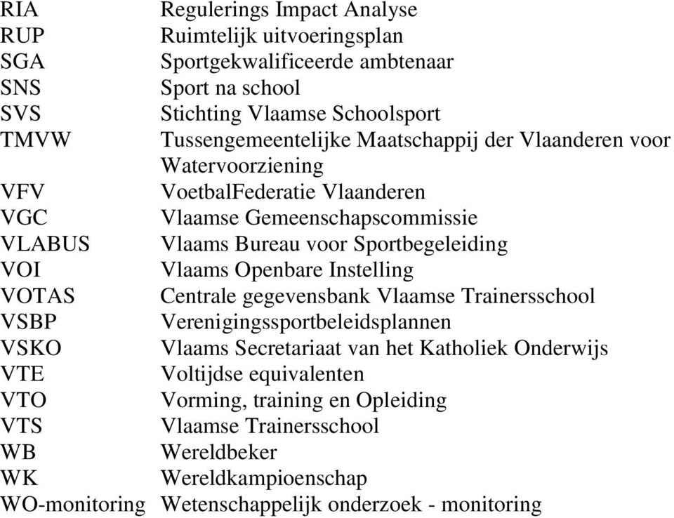 Sportbegeleiding VOI Vlaams Openbare Instelling VOTAS Centrale gegevensbank Vlaamse Trainersschool VSBP Verenigingssportbeleidsplannen VSKO Vlaams Secretariaat van het