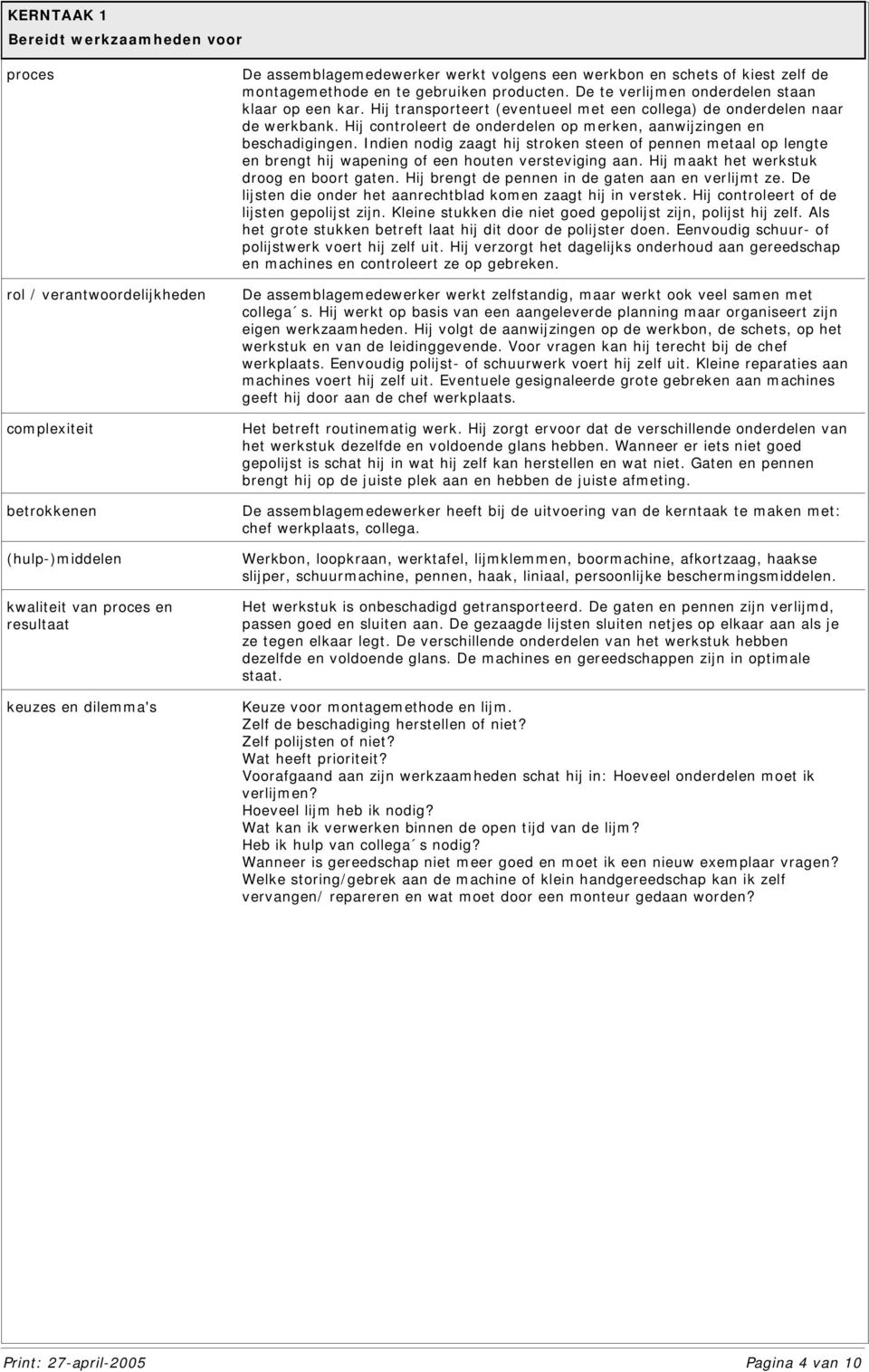 Hij transporteert (eventueel met een collega) de onderdelen naar de werkbank. Hij controleert de onderdelen op merken, aanwijzingen en beschadigingen.