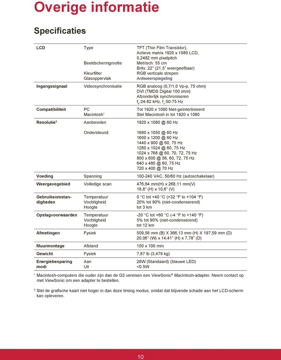 :50-75 Hz Compatibiliteit Resolutie 2 PC Macintosh 1 Aanbevolen Ondersteund Tot 1920 x 1080 Niet-geïnterlinieerd Stel Macintosh in tot 1920 x 1080 1920 x 1080 @ 60 Hz 1680 x 1050 @ 60 Hz 1600 x 1200