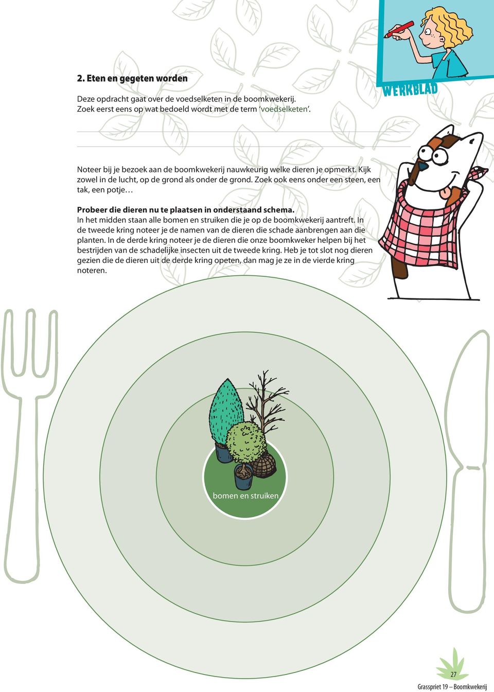 Zoek ook eens onder een steen, een tak, een potje Probeer die dieren nu te plaatsen in onderstaand schema. In het midden staan alle bomen en struiken die je op de boomkwekerij aantreft.