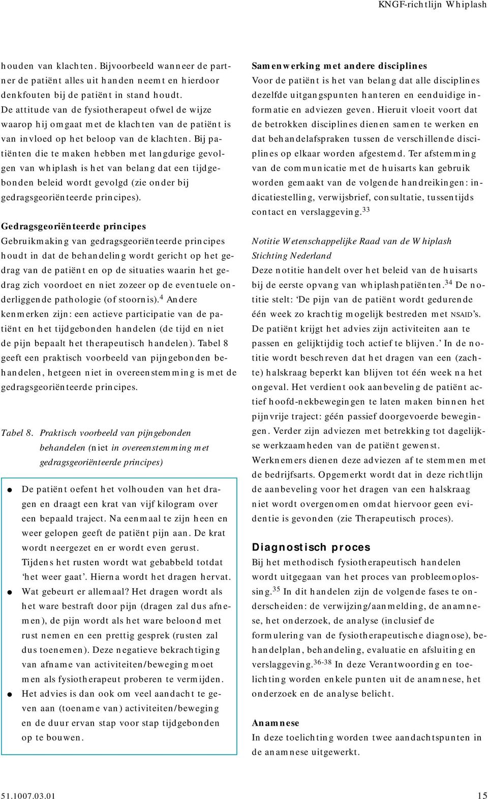 Bij patiënten die te maken hebben met langdurige gevolgen van whiplash is het van belang dat een tijdgebonden beleid wordt gevolgd (zie onder bij gedragsgeoriënteerde principes).