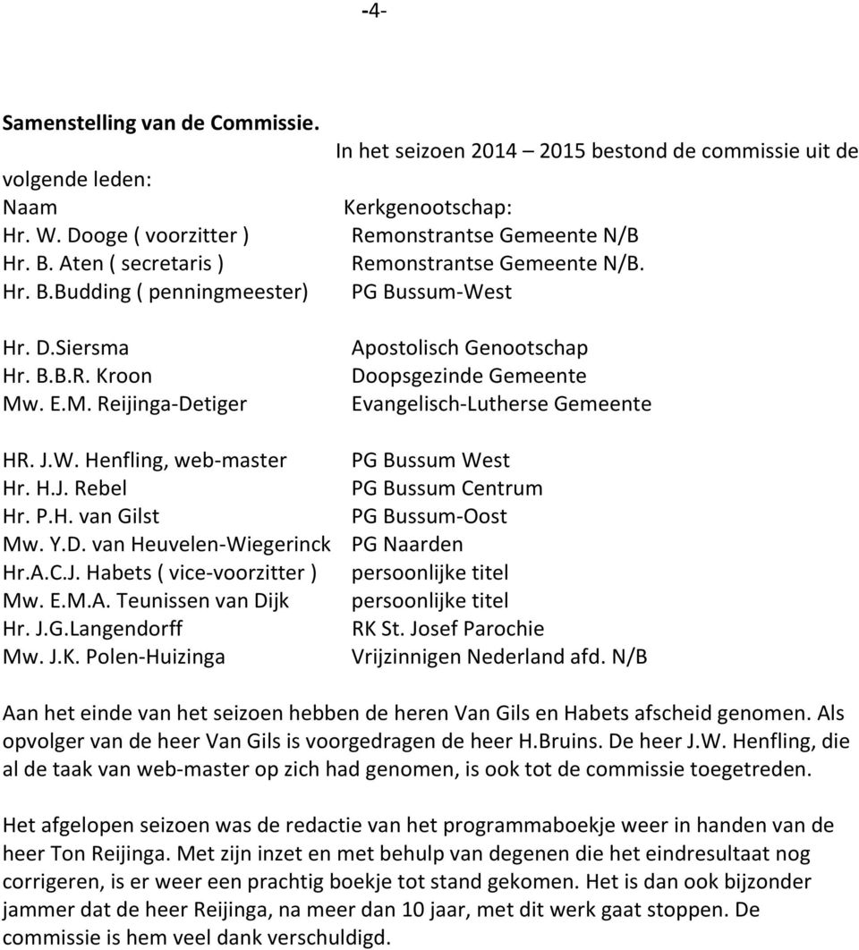 Polen-Huizinga In het seizoen 2014 2015 bestond de commissie uit de Kerkgenootschap: Remonstrantse Gemeente N/B Remonstrantse Gemeente N/B.