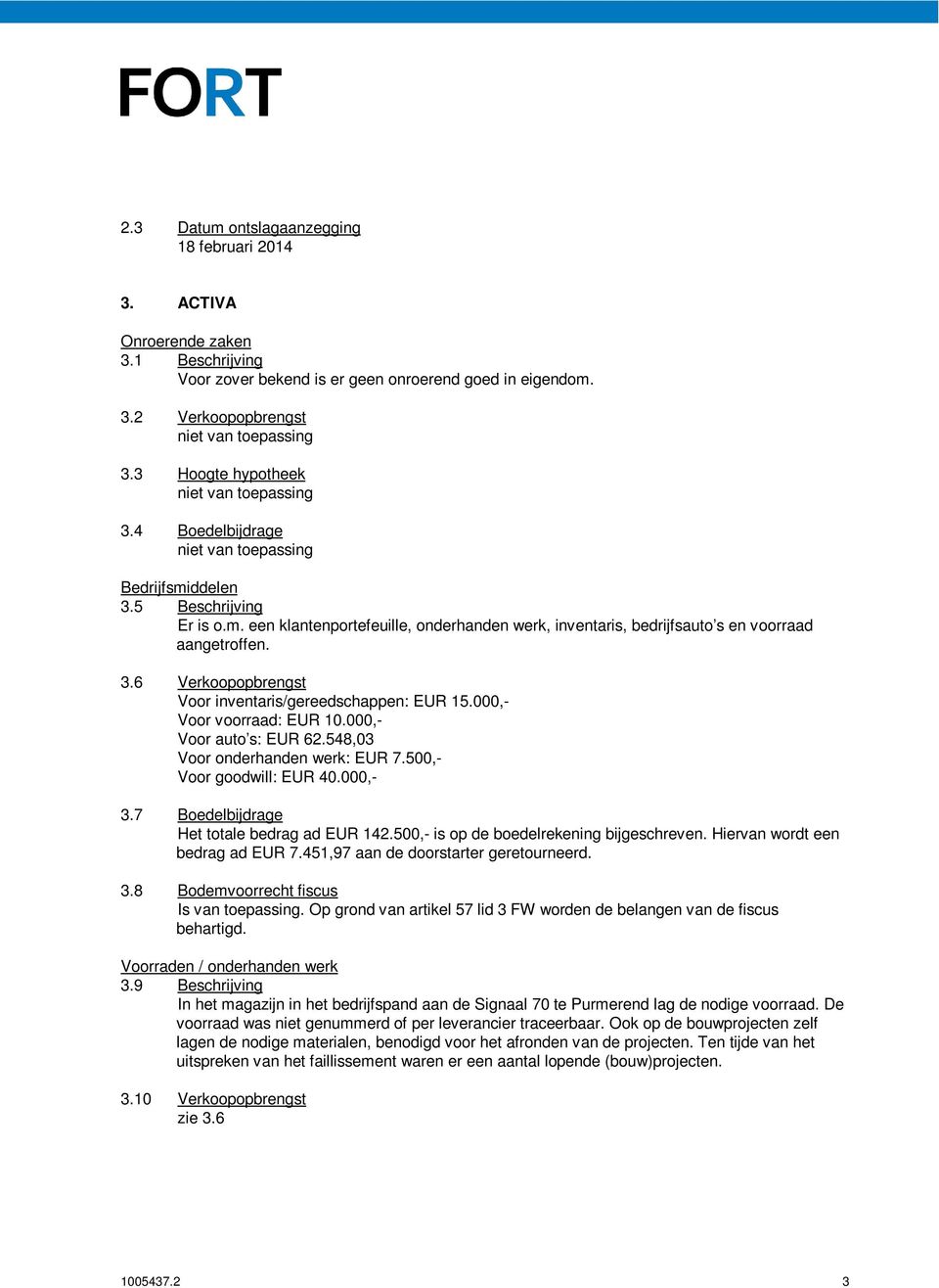 3.6 Verkoopopbrengst Voor inventaris/gereedschappen: EUR 15.000,- Voor voorraad: EUR 10.000,- Voor auto s: EUR 62.548,03 Voor onderhanden werk: EUR 7.500,- Voor goodwill: EUR 40.000,- 3.