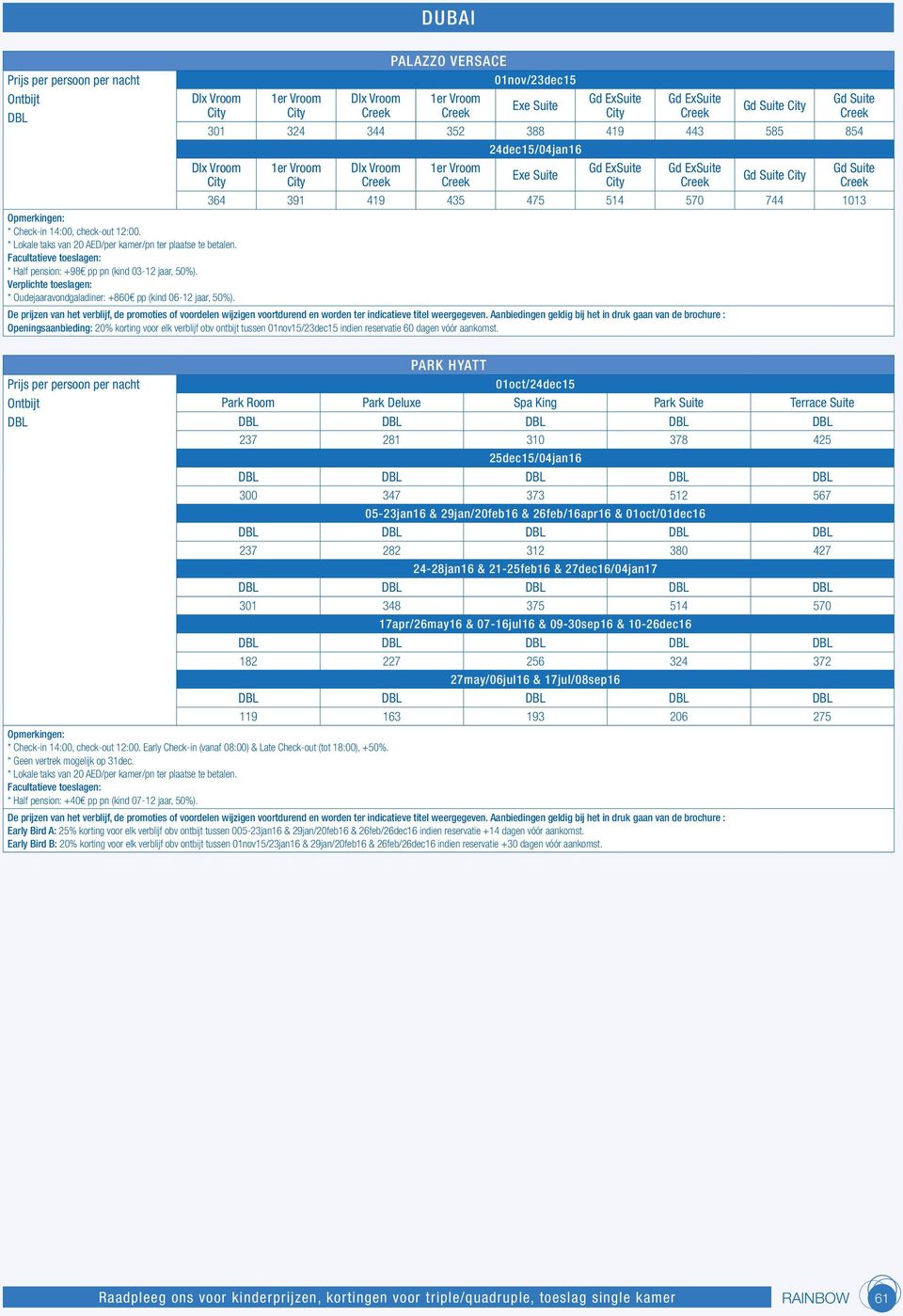 Check-in 14:00, check-out 12:00. * Half pension: +98 pp pn (kind 03-12 jaar, 50%). * Oudejaaravondgaladiner: +860 pp (kind 06-12 jaar, 50%).