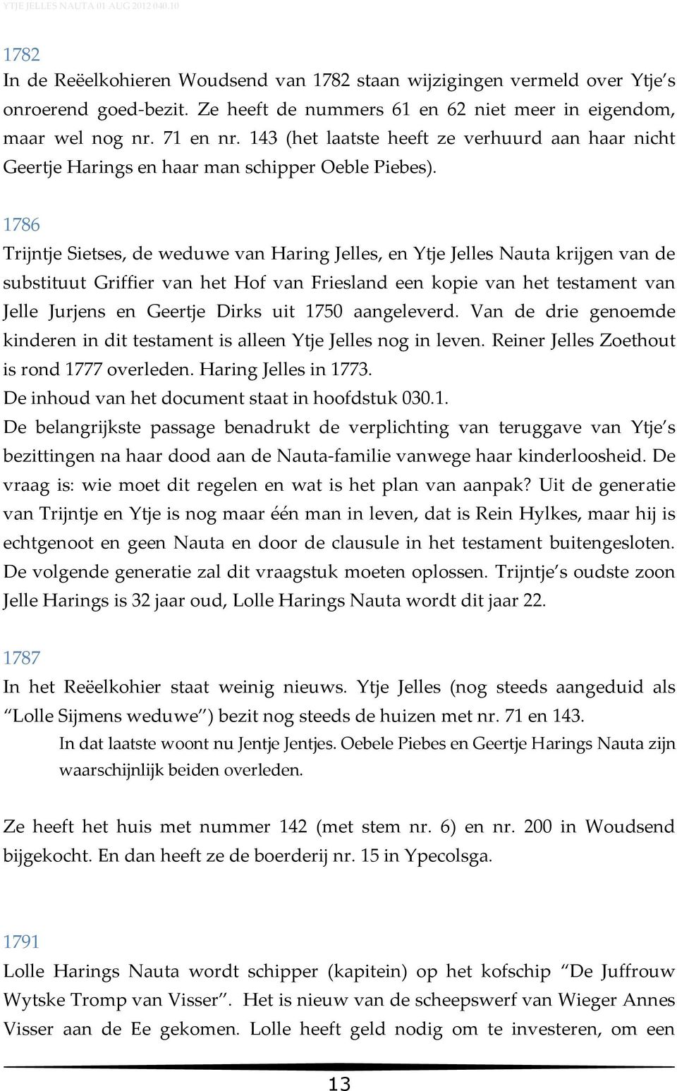 1786 Trijntje Sietses, de weduwe van Haring Jelles, en Ytje Jelles Nauta krijgen van de substituut Griffier van het Hof van Friesland een kopie van het testament van Jelle Jurjens en Geertje Dirks
