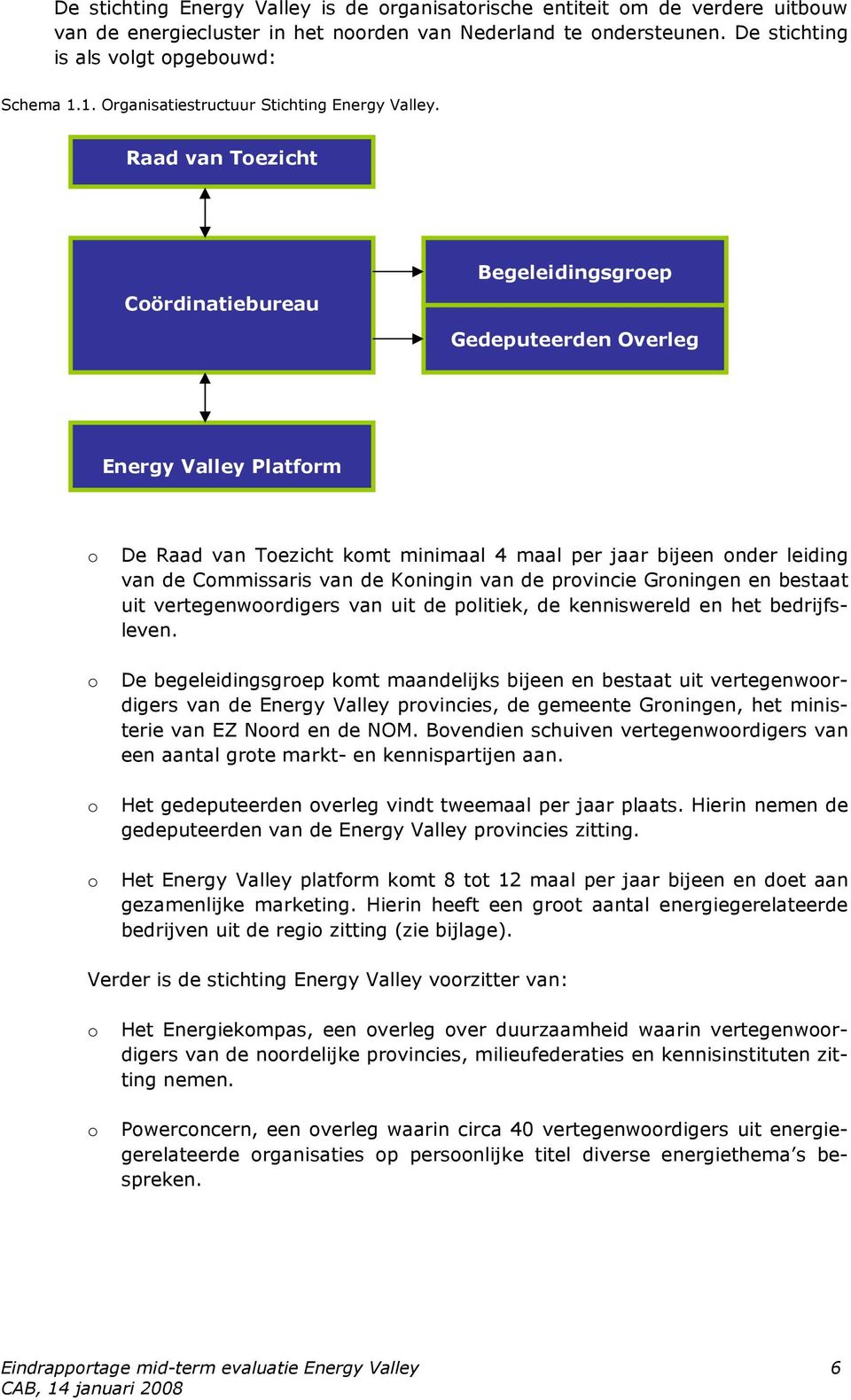 Raad van Tezicht Cördinatiebureau Begeleidingsgrep Gedeputeerden Overleg Energy Valley Platfrm De Raad van Tezicht kmt minimaal 4 maal per jaar bijeen nder leiding van de Cmmissaris van de Kningin