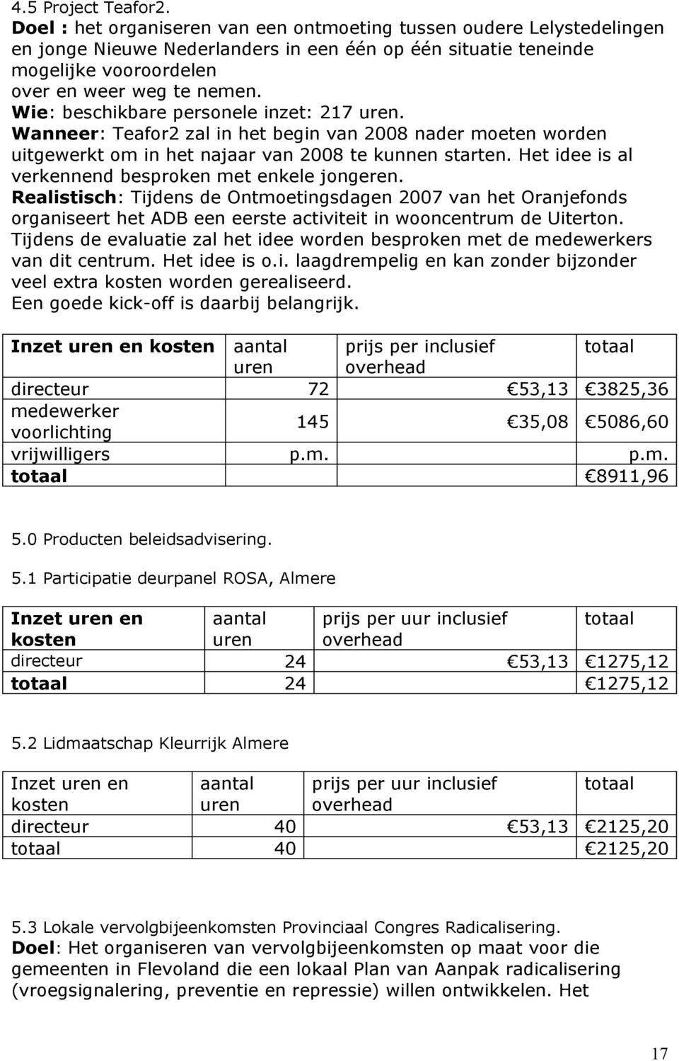 Wie: beschikbare personele inzet: 217 uren. Wanneer: Teafor2 zal in het begin van 2008 nader moeten worden uitgewerkt om in het najaar van 2008 te kunnen starten.