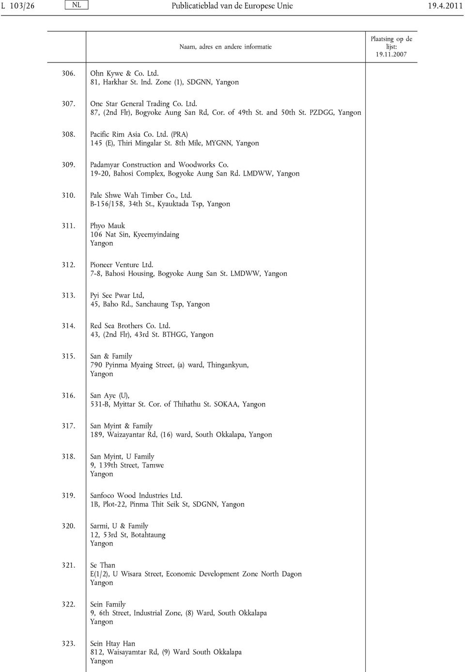 LDWW, 310. Pale Shwe Wah Timber Co., Ltd. B-156/158, 34th St., Kyauktada Tsp, 311. Phyo auk 106 Nat Sin, Kyeemyindaing 312. Pioneer Venture Ltd. 7-8, Bahosi Housing, Bogyoke Aung San St. LDWW, 313.