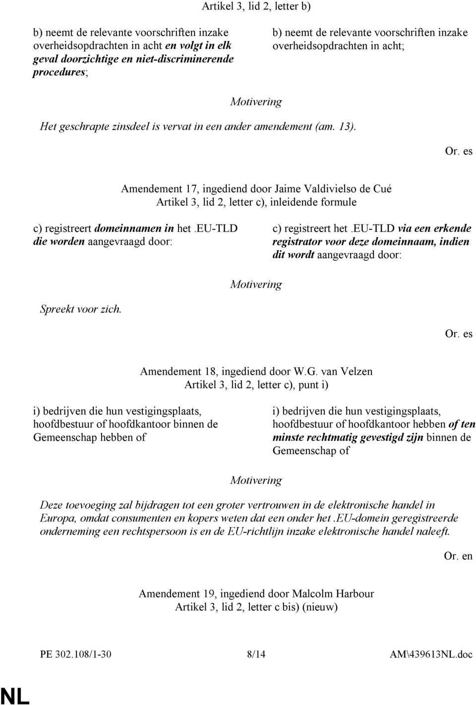 Amendement 17, ingediend door Jaime Valdivielso de Cué Artikel 3, lid 2, letter c), inleidende formule c) registreert domeinnamen in het.eu-tld die worden aangevraagd door: c) registreert het.