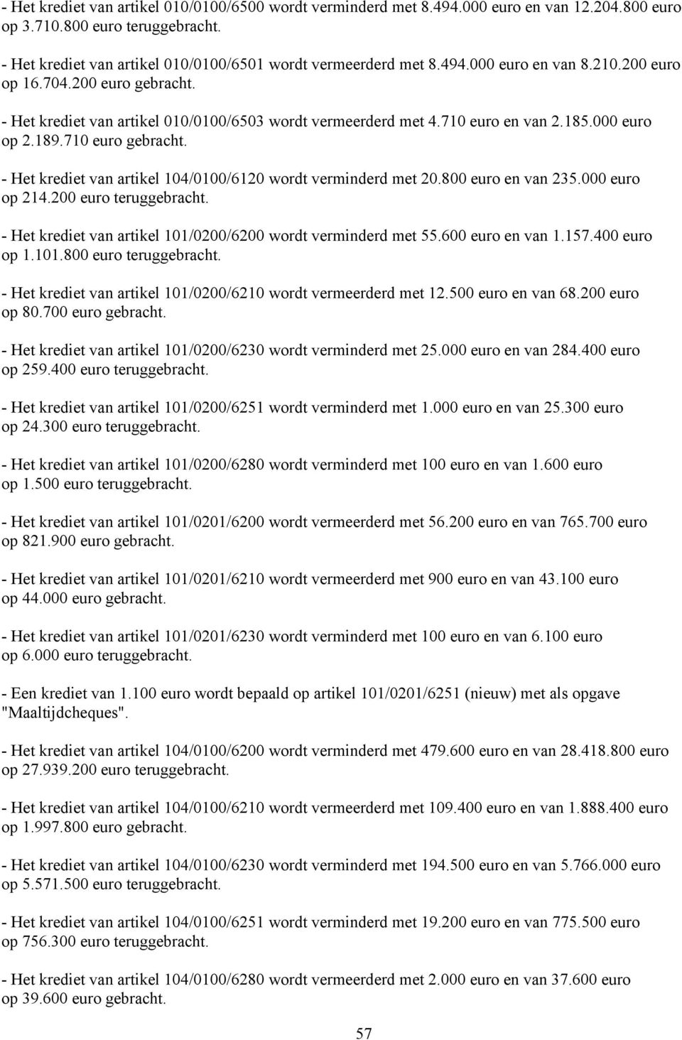 - Het krediet van artikel 104/0100/6120 wordt verminderd met 20.800 euro en van 235.000 euro op 214.200 euro teruggebracht. - Het krediet van artikel 101/0200/6200 wordt verminderd met 55.