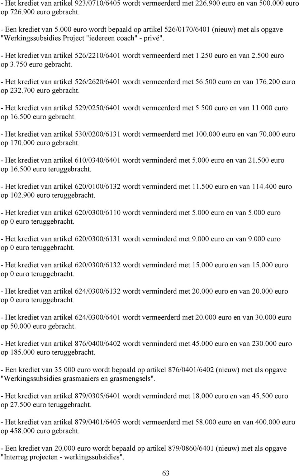 250 euro en van 2.500 euro op 3.750 euro gebracht. - Het krediet van artikel 526/2620/6401 wordt vermeerderd met 56.500 euro en van 176.200 euro op 232.700 euro gebracht.