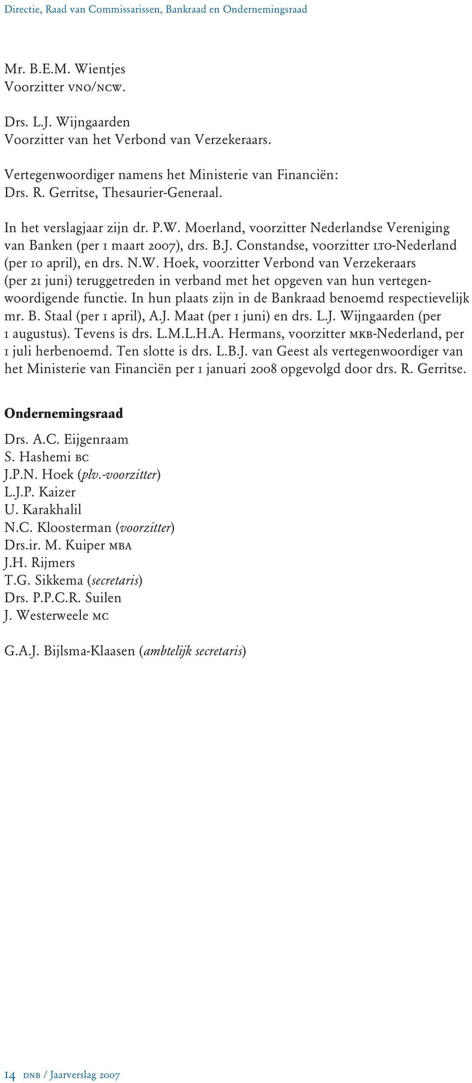 Moerland, voorzitter Nederlandse Vereniging van Banken (per 1 maart 2007), drs. B.J. Constandse, voorzitter lto-nederland (per 10 april), en drs. N.W.