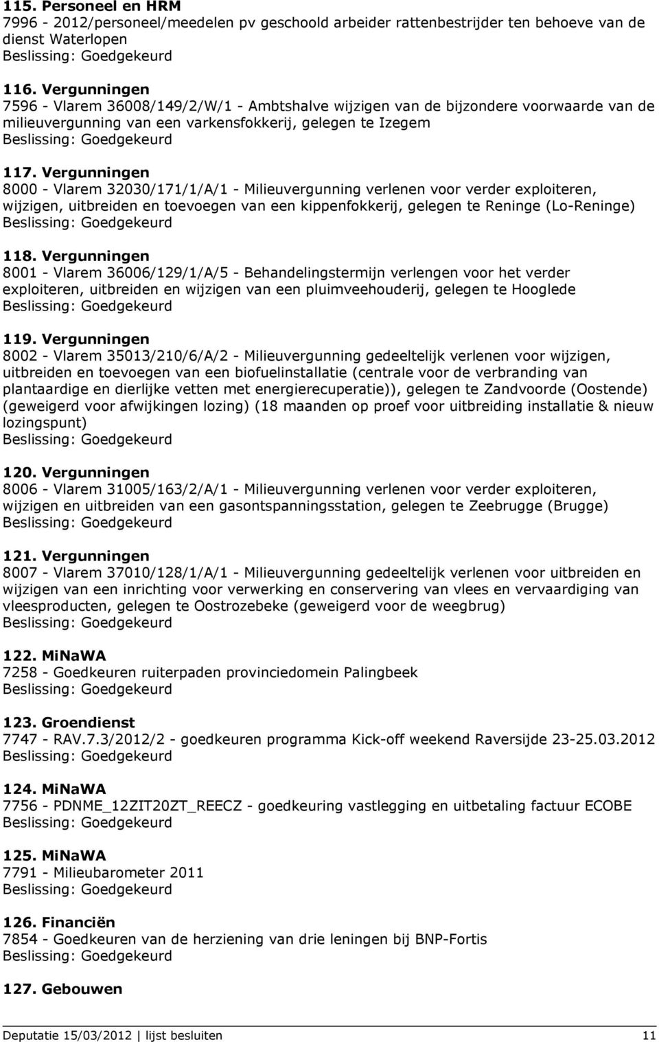 Vergunningen 8000 - Vlarem 32030/171/1/A/1 - Milieuvergunning verlenen voor verder exploiteren, wijzigen, uitbreiden en toevoegen van een kippenfokkerij, gelegen te Reninge (Lo-Reninge) 118.