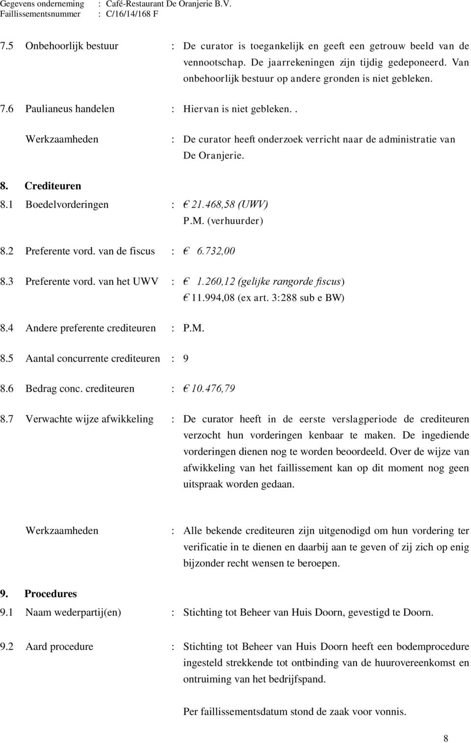 Crediteuren 8.1 Boedelvorderingen : 21.468,58 (UWV) P.M. (verhuurder) 8.2 Preferente vord. van de fiscus : 6.732,00 8.3 Preferente vord. van het UWV : 1.260,12 (gelijke rangorde fiscus) 8.