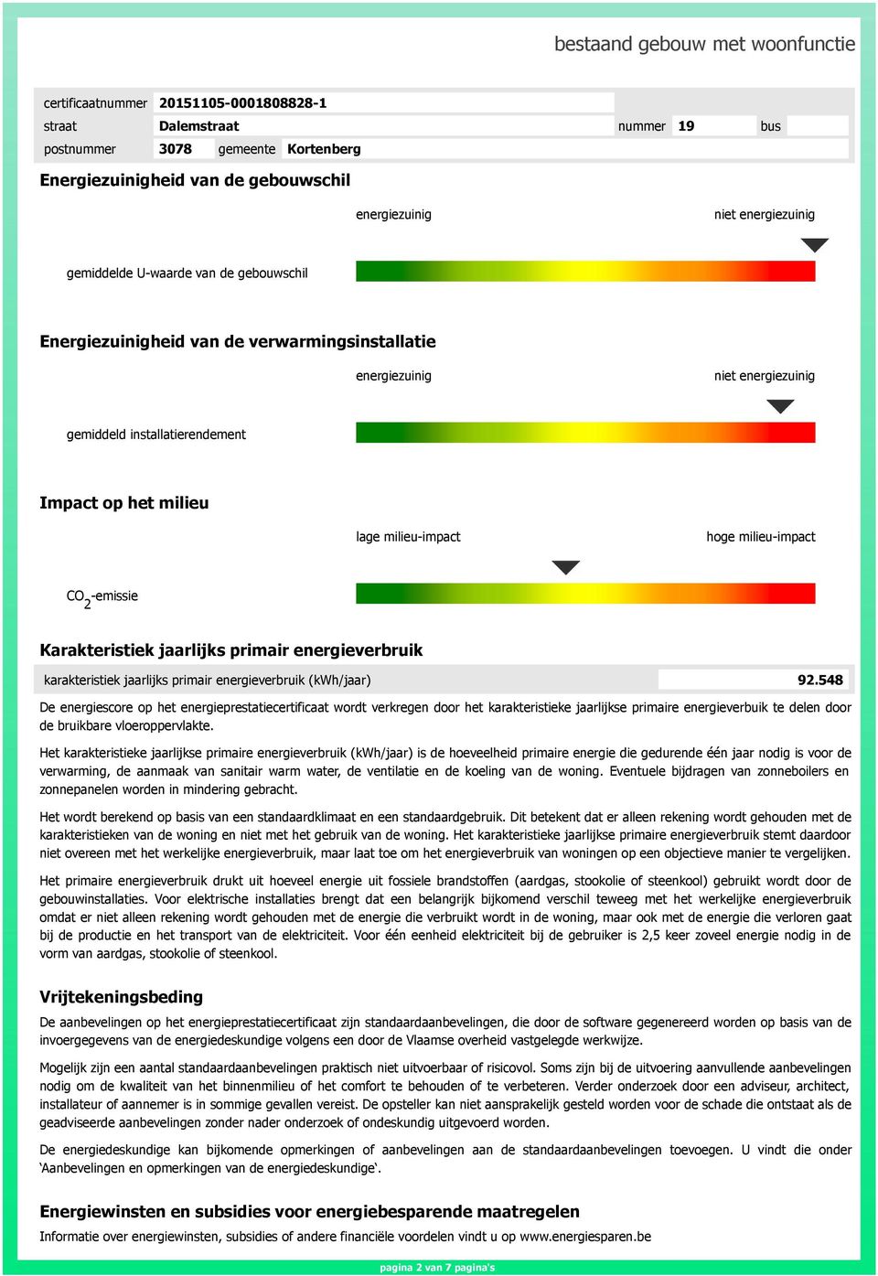 (kwh/jaar) 92.548 De energiescore op het energieprestatiecertificaat wordt verkregen door het karakteristieke jaarlijkse primaire energieverbuik te delen door de bruikbare vloeroppervlakte.